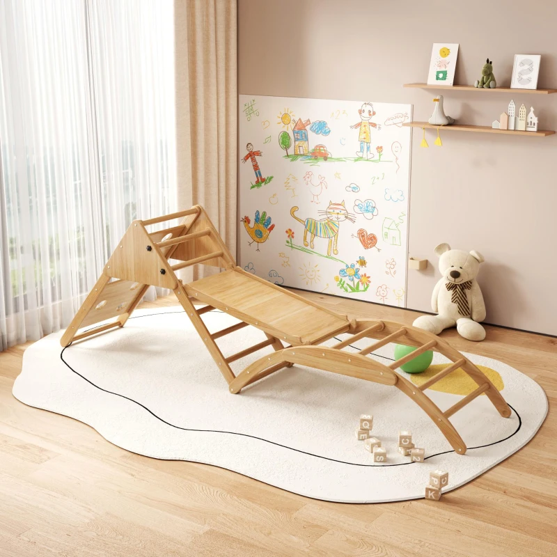 Structure d'escalade multifonctionnelle 8-en-1 en bois, Transformations de formes polyvalentes, avec toboggan, module d'escalade, bateau à bascule et tente, 140x58x142 cm, Couleur naturelle(m-6)