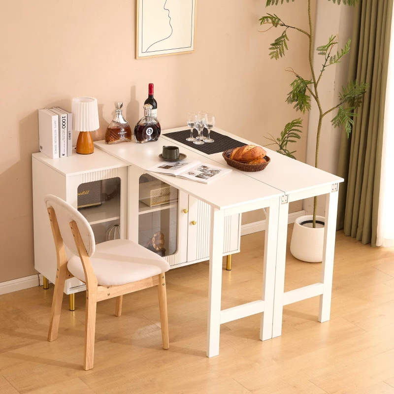 Buffet moderne avec plateau rabattable, surface pivotante, pieds en métal doré et portes coulissantes en verre, 116x40x78,5 cm, Blanc