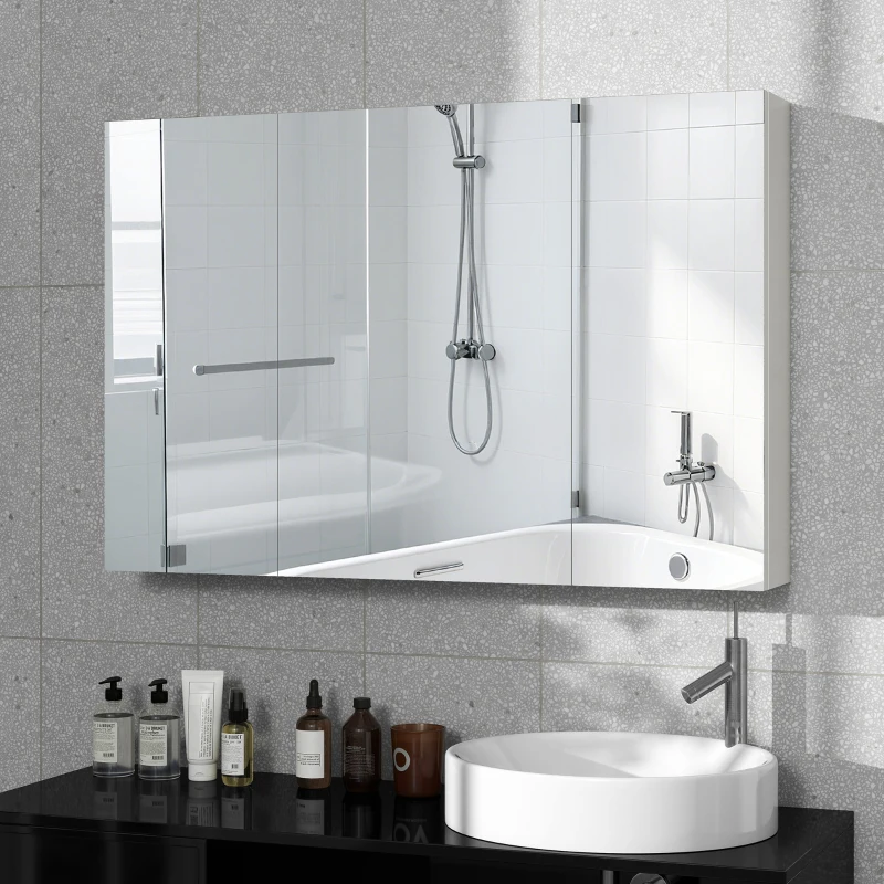 kleankin Armario Mueble de Baño con 3 Puertas de Espejo y Estantes Ajustables en Madera 90x13.5x60 cm, Blanco
