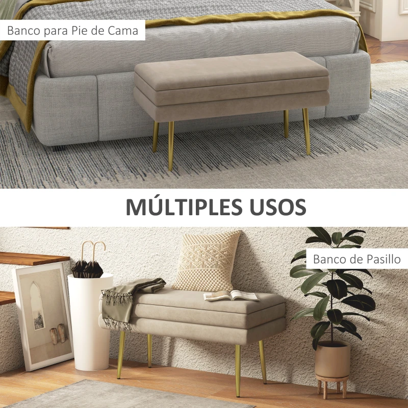 HOMCOM Banco de Almacenaje para Dormitorio 30L Tapizado en Terciopelo Pie de Cama con Patas de Acero 79,5x37,5x43 cm Beige