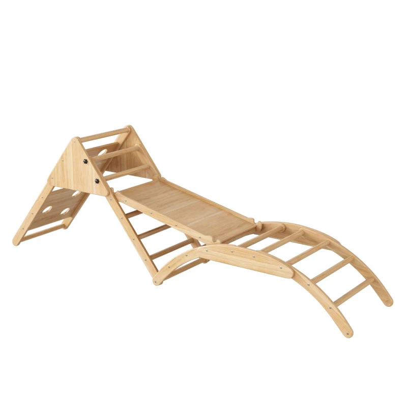 Structure d'escalade multifonctionnelle 8-en-1 en bois, Transformations de formes polyvalentes, avec toboggan, module d'escalade, bateau à bascule et tente, 140x58x142 cm, Couleur naturelle(m-11)
