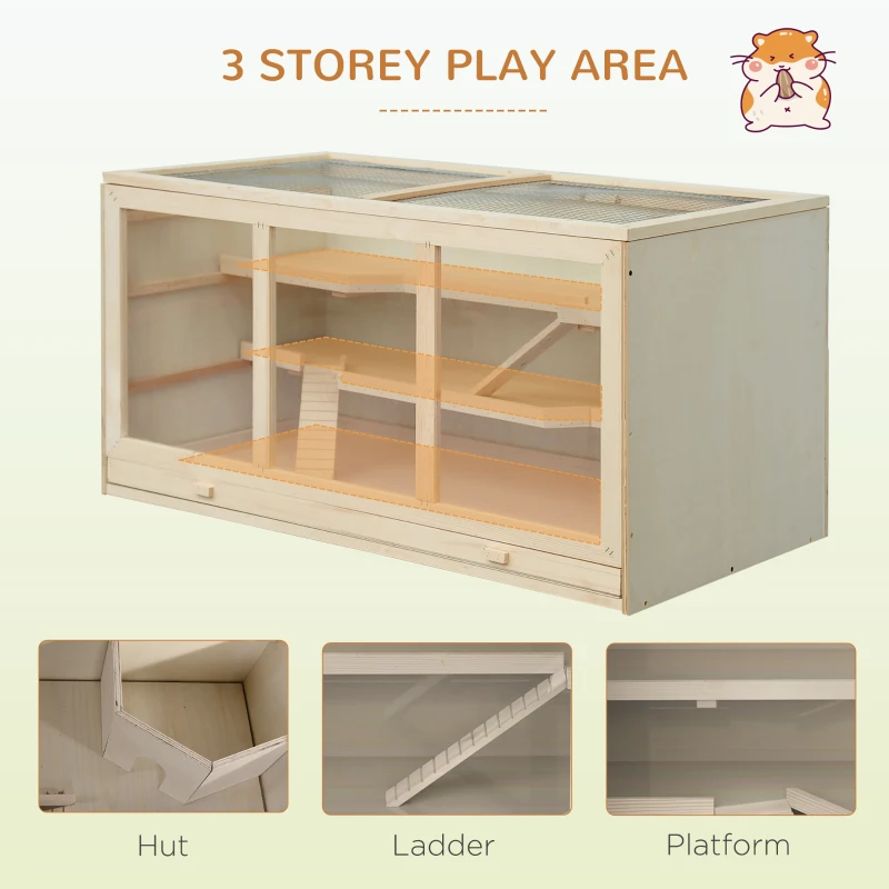PawHut hamsterkooi, knaagdierenkooi, muizenkooi met trappetjes, drie verdiepingen massief hout PVC naturel(m-4)