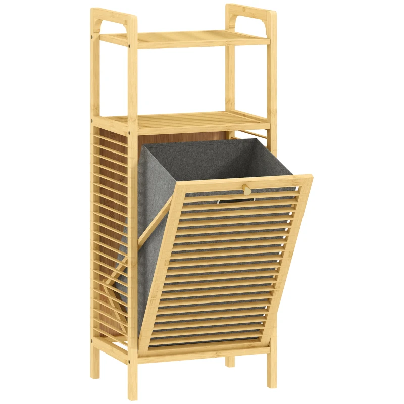 HOMCOM Armario de Baño Estrecho de Bambú con 2 Estantes Abiertos Cesto Extraíble y Diseño con Listones 40x30x95 cm Natural