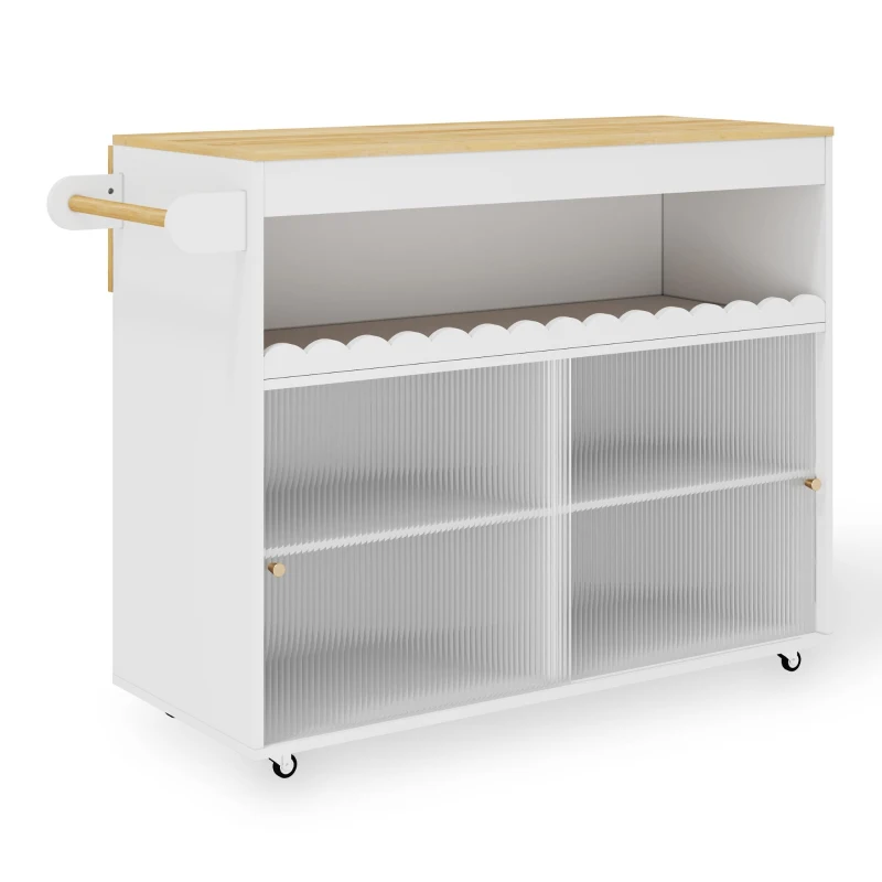 Klappbarer Kücheninselwagen, Schiebetüren aus gehärtetem Glas, verstellbare Einlegeböden und Handtuchhalter, 122 x 46 x 91 cm, Weiß+Naturfarbe