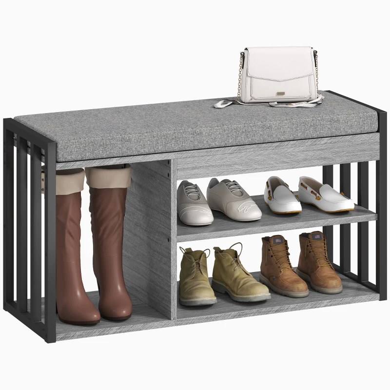 HOMCOM Scaffale per Scarpe con Panca, Scaffale per Corridoio per Scarpe, Mobile Portascarpe con Design a 3 Livelli, per Ingresso, Corridoio, Soggiorno, Camera da Letto, Grigio