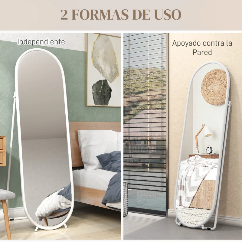HOMCOM Espejo de Pie Cuerpo Entero con Marco Metálico Espejo de Pared Ovalado con 2 Formas de Uso 40x4x160 cm Blanco