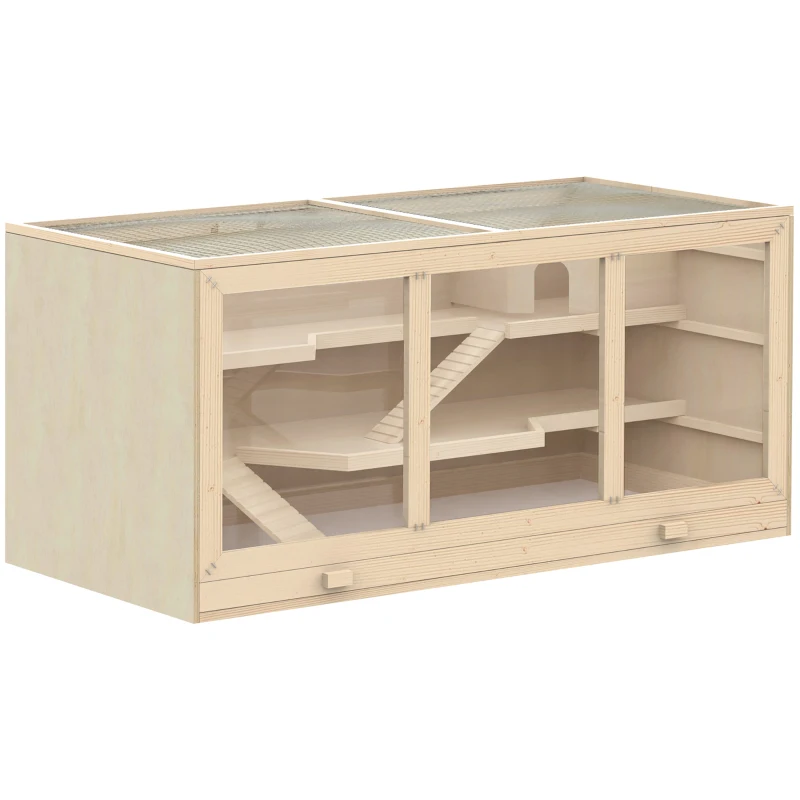 PawHut hamsterkooi, knaagdierenkooi, muizenkooi met trappetjes, drie verdiepingen massief hout PVC naturel