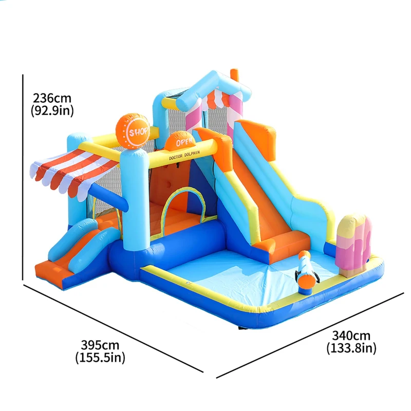 Castillo Hinchable para Niños con Tobogán Acuático y Trampolín, Parque Acuático Multifuncional con Fuente y Pistolas de Agua, 395x340x236 cm, Azul