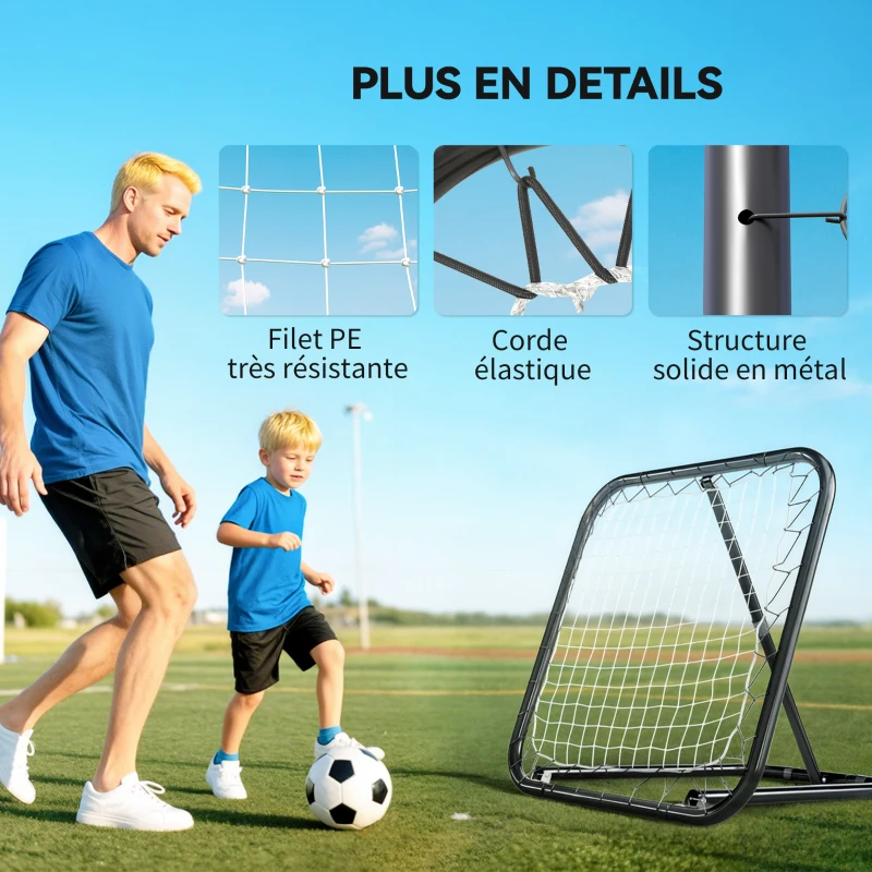 HOMCOM Filet de rebond de football rebondisseur de football ajustable pliable portable 4 piquets de fixations au sol filet de PE noir blanc 78 x 84 x 78 cm