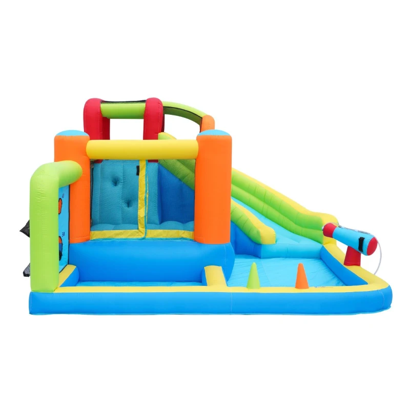 Chateau gonflable avec soufflerie, parc aquatique multifonctionnel et parc de trampolines pour enfants avec toboggan aquatique, panier de basket et mur d'escalade, 410x315x203 cm, Bleu