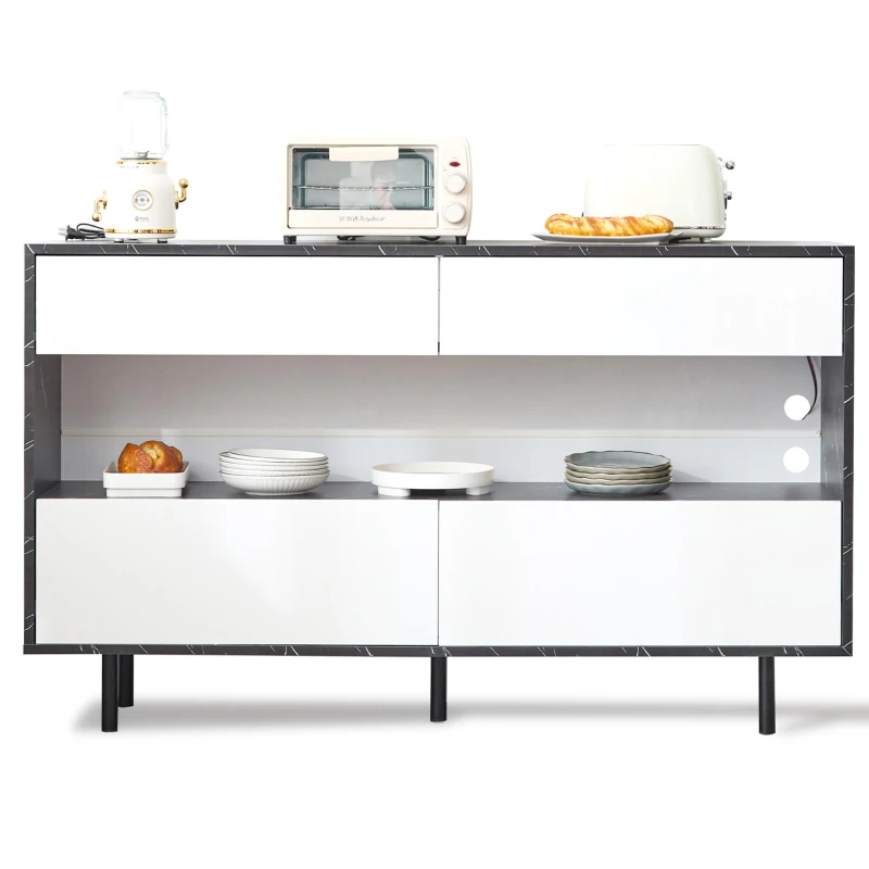 Buffet au design marbre noir avec espace de rangement ouvert, 4 tiroirs et éclairage LED, 150x35x89,5 cm, Blanc＋Noir