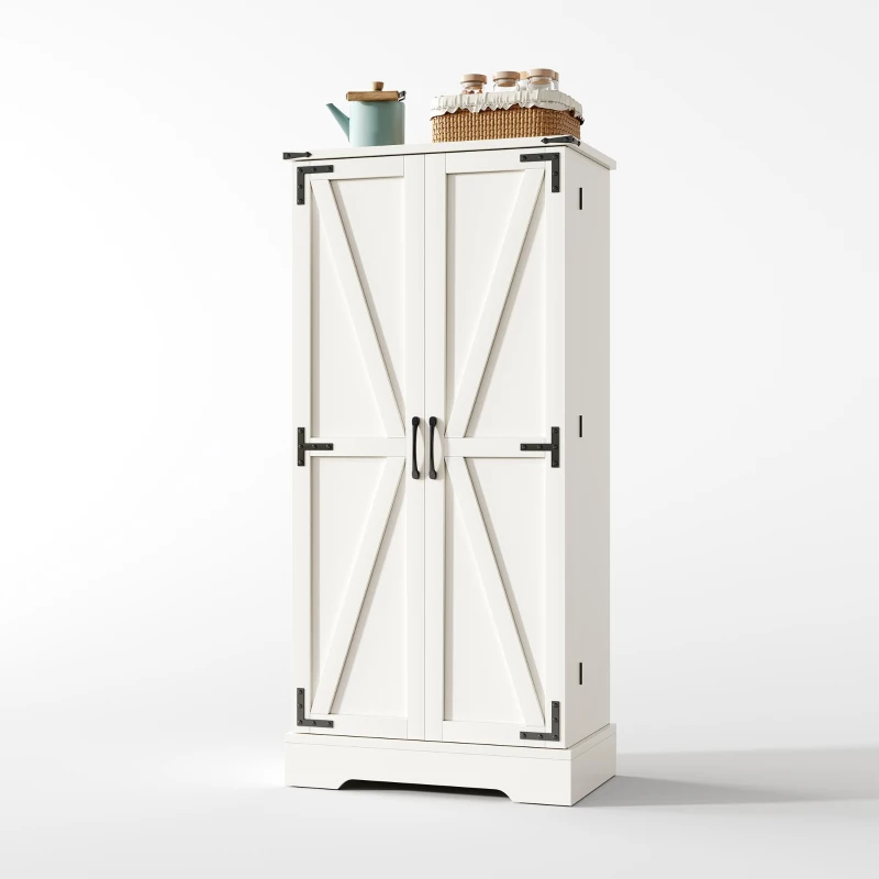 Armoire de cuisine style maison de campagne, éclairage LED, étagères réglables, 60x35x128,5 cm, Blanc