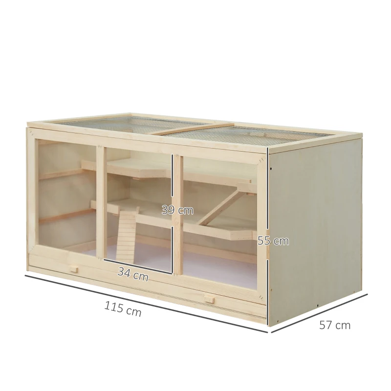 PawHut hamsterkooi, knaagdierenkooi, muizenkooi met trappetjes, drie verdiepingen massief hout PVC naturel(m-3)