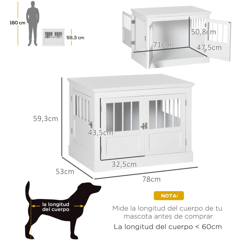 PawHut Cage pour Chiens Petits Table d'Appoint Moderne avec 3 Portes à la Française avec Fermeture Magnétique 78x53x59,3 cm Blanc