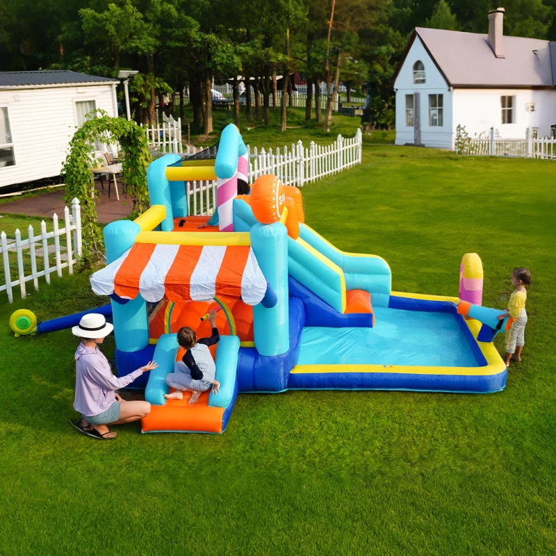 Castillo Hinchable para Niños con Tobogán Acuático y Trampolín, Parque Acuático Multifuncional con Fuente y Pistolas de Agua, 395x340x236 cm, Azul