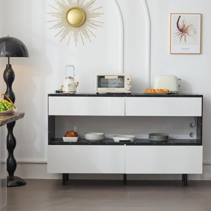 Buffet au design marbre noir avec espace de rangement ouvert, 4 tiroirs et éclairage LED, 150x35x89,5 cm, Blanc+Noir