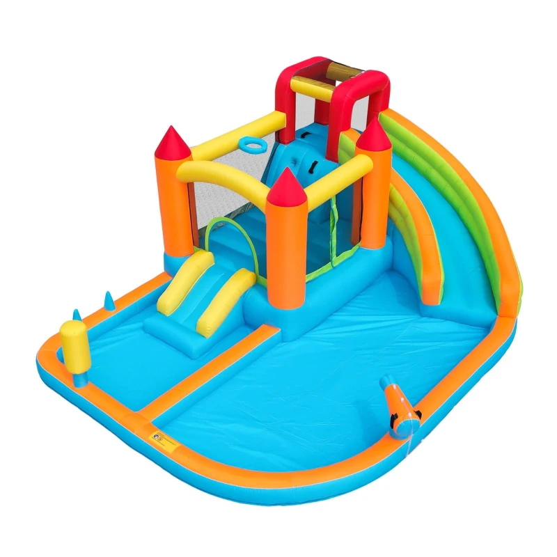 Château gonflable multifonctionnel avec toboggan aquatique, trampoline, panier de basket et pistolet à eau, pour utilisation sèche et humide, 460x343x190 cm, Orange