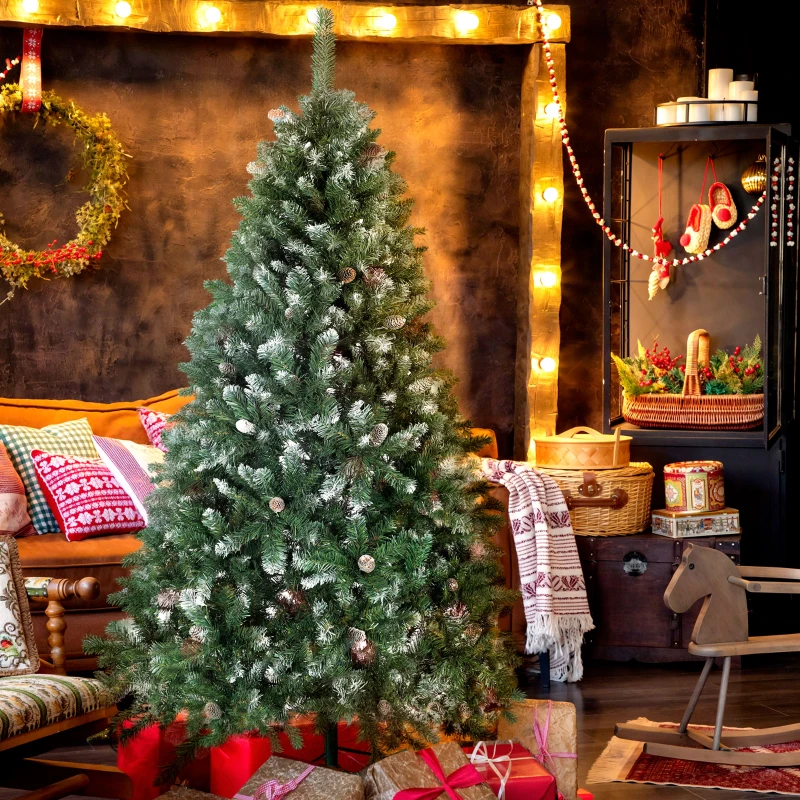 HOMCOM Albero di Natale Innevato Alto 180 cm con 910 Rami e Pigne, Base in Metallo Pieghevole, Verde