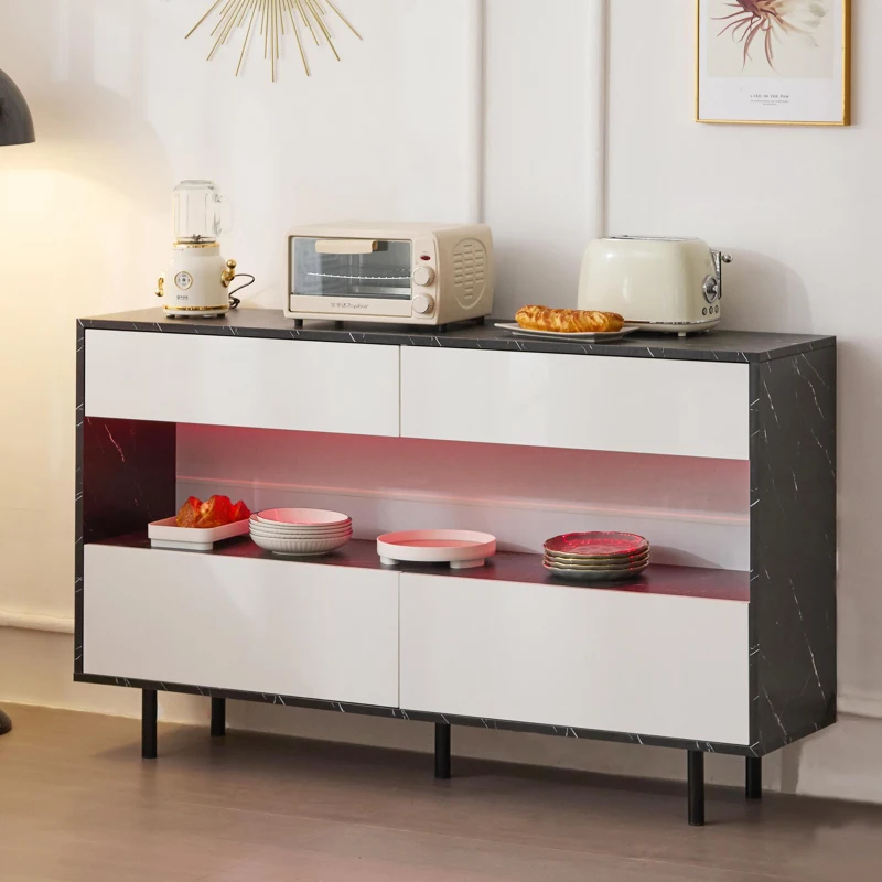 Buffet au design marbre noir avec espace de rangement ouvert, 4 tiroirs et éclairage LED, 150x35x89,5 cm, Blanc＋Noir