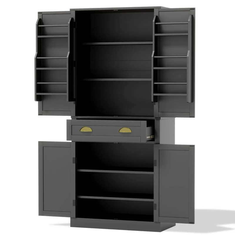 Armoire de rangement moderne, 4 portes et 1 tiroir, 6 compartiments de rangement et 4 étagères réglables, adaptée pour la cuisine, la salle à manger et le salon, 80x40x182 cm, Noir