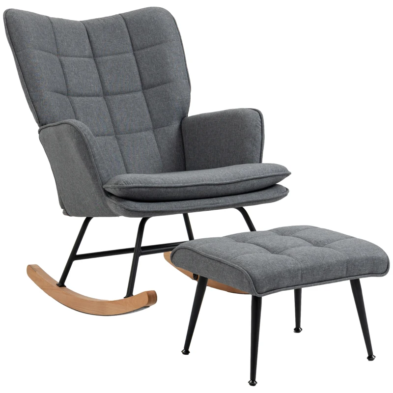 HOMCOM Fauteuil à bascule avec repose-pieds, rocking chair, assise large, dossier haut, coussin inclus, 64 x 89 x 90 cm, gris