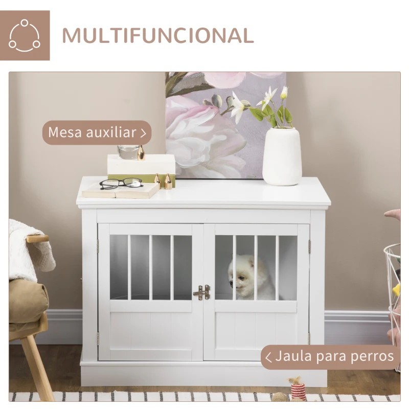 PawHut Jaula para Perros Pequeños Mesa Auxiliar Moderna con 3 Puertas Francés con Cierre Magnético 78x53x59,3 cm Blanco
