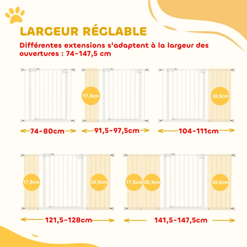 PawHut Barrière de sécurité animaux porte fermeture automatique système de double verrouillage sans perçage 3 extensions blanc(m-4)