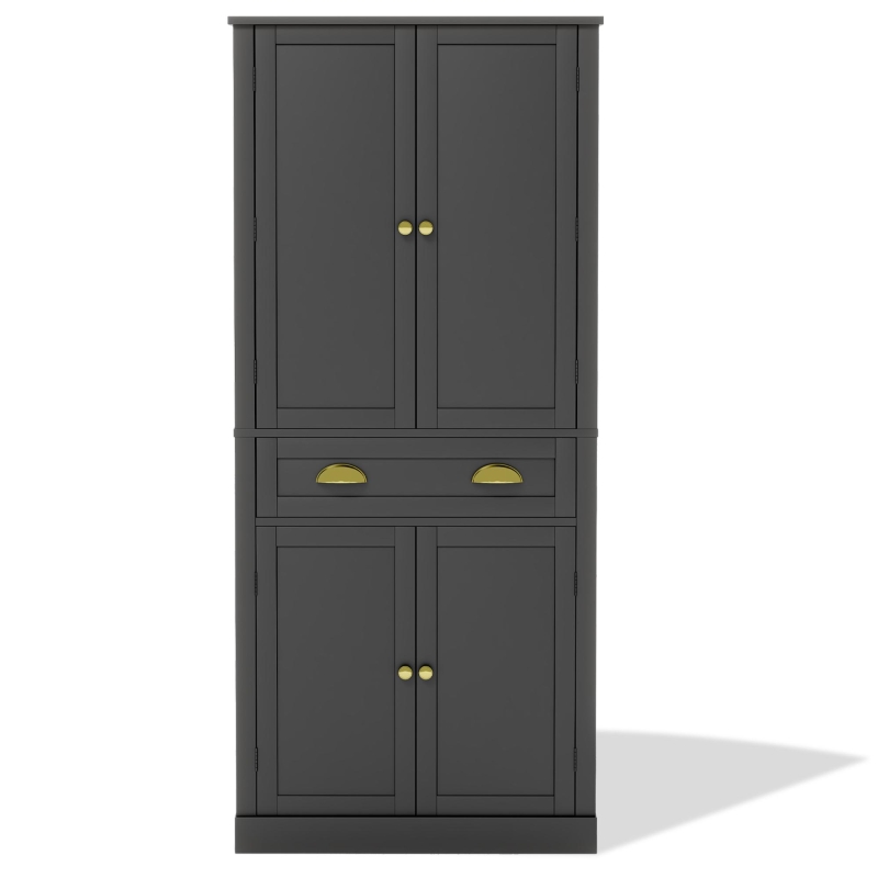 Armoire de rangement moderne, 4 portes et 1 tiroir, 6 compartiments de rangement et 4 étagères réglables, adaptée pour la cuisine, la salle à manger et le salon, 80x40x182 cm, Noir