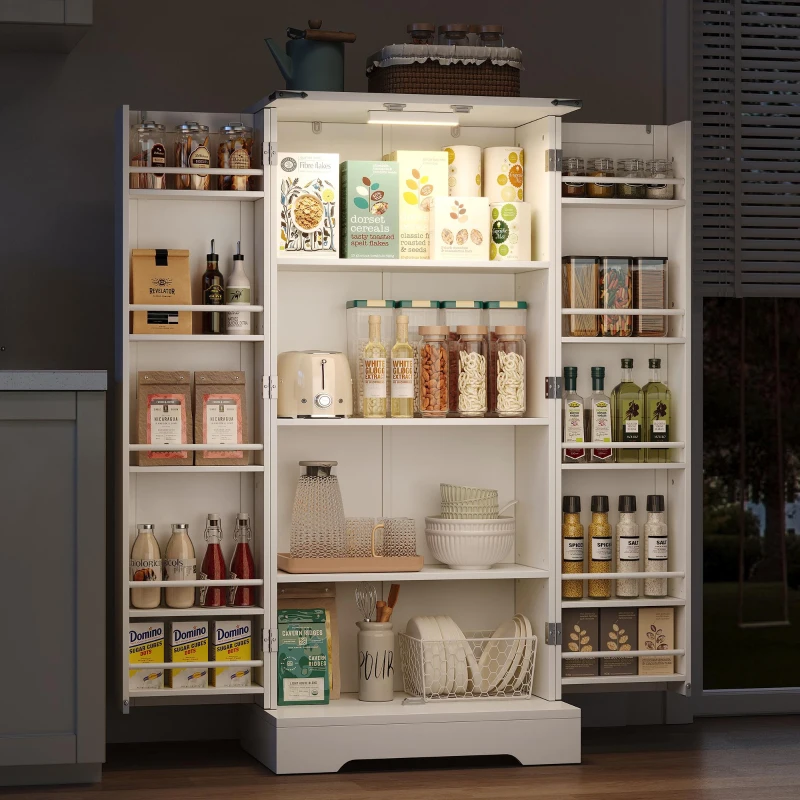 Armoire de cuisine style maison de campagne, éclairage LED, étagères réglables, 60x35x128,5 cm, Blanc