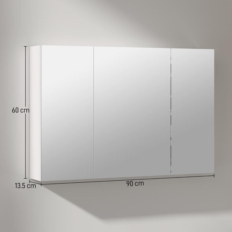 kleankin Armadietto Pensile Bagno con 3 Ante a Specchio e Ripiani Regolabili in Legno 90x13.5x60 cm, Bianco