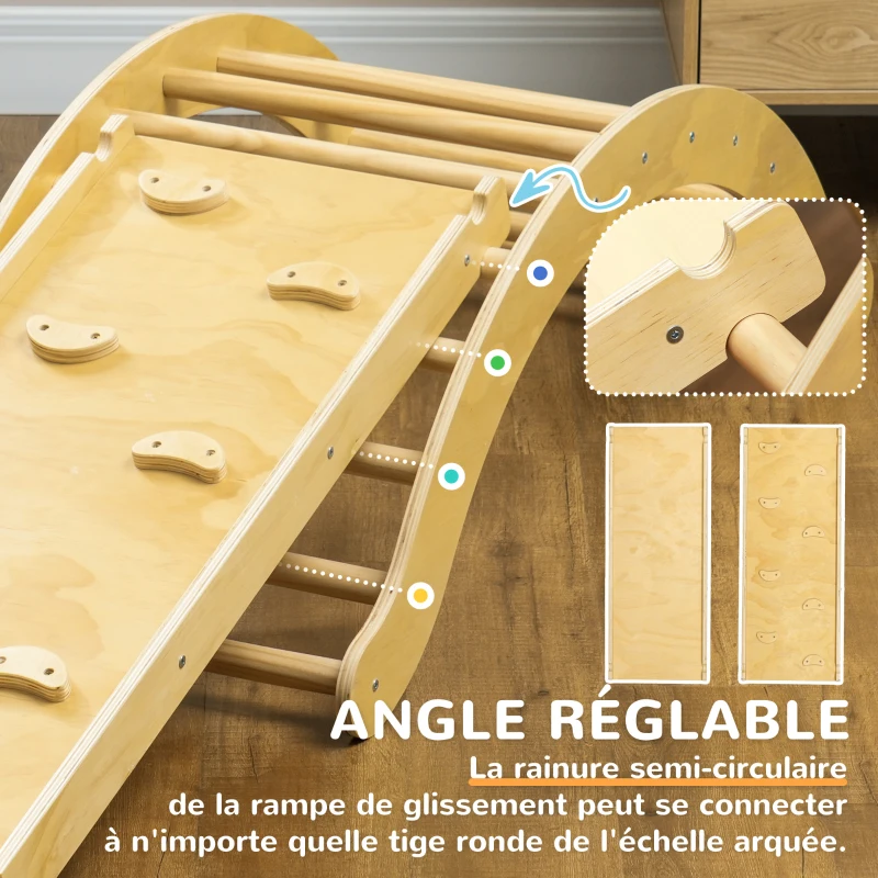 AIYAPLAY 4 en 1 Arche escalade enfants, chaise à bascule, rampe d'escalade double face et coussin, 168x49,5x39,5cm, bois naturel