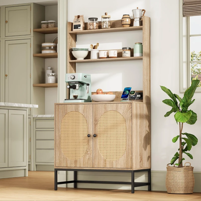 Buffet moderne, armoire avec portes doubles en rotin et espace de rangement, 80x40x160,5 cm , Couleur naturelle