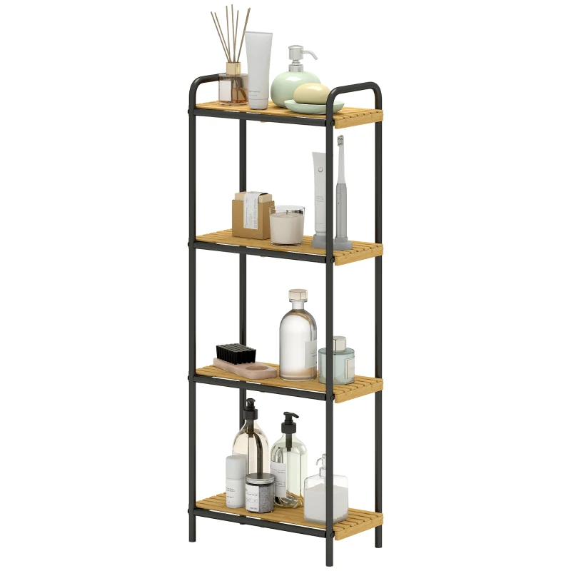 HOMCOM Bambus Badezimmerregal mit 4 offenen Regalen Lamellendesign und Stahlstruktur 41,5x21,5x106 cm Natur