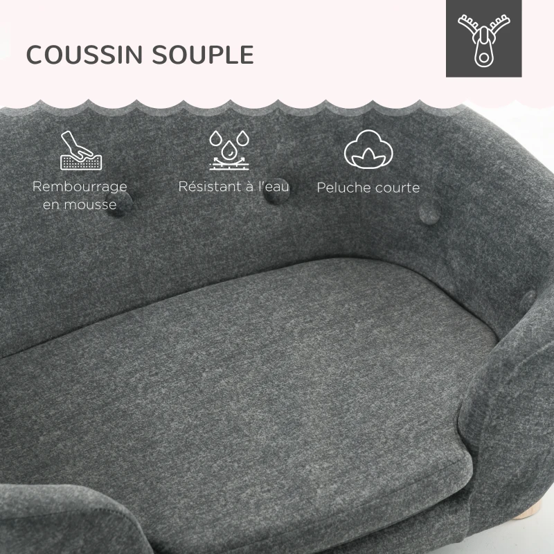 PawHut Canapé lit panier chien chat sur pied design contemporain coussin moelleux amovible pieds bois massif dim. 70L x 47l x 30H cm gris anthracite