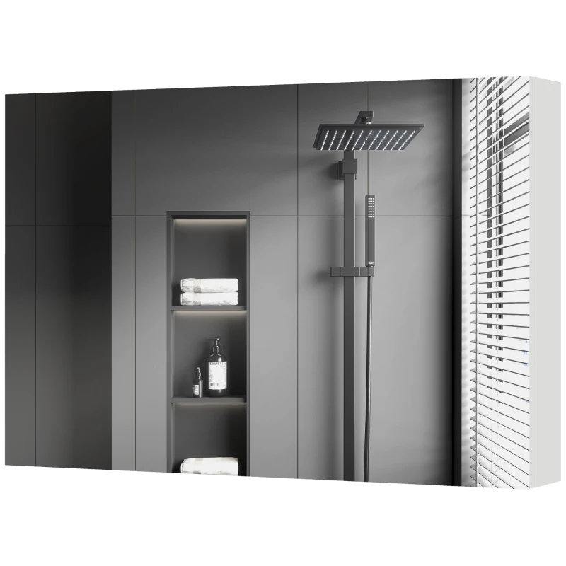 kleankin Armoire de Salle de Bain à Portes Miroirs et Étagères Réglables en Bois 90x13.5x60 cm, Blanc