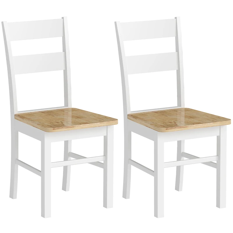 HOMCOM Set van 2 Keukenstoelen, Rubberhout, Gebogen Lattenrugleuning, Wit