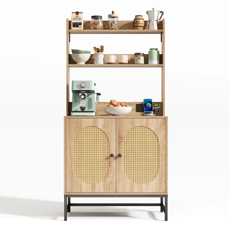 Buffet moderne, armoire avec portes doubles en rotin et espace de rangement, 80x40x160,5 cm , Couleur naturelle