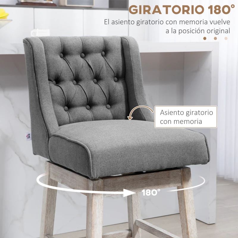 HOMCOM Juego de 2 Taburetes de Bar con Respaldo Taburetes Altos de Cocina Giratorios 180° Patas de Madera 46x57x101 cm Gris