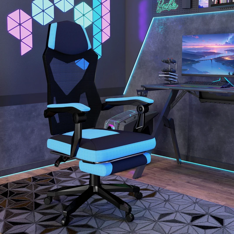 Vinsetto Silla Gaming con Reposapiés Altura Regulable y Respaldo Reclinable 135° 58x63x112-122 cm Azul y Negro