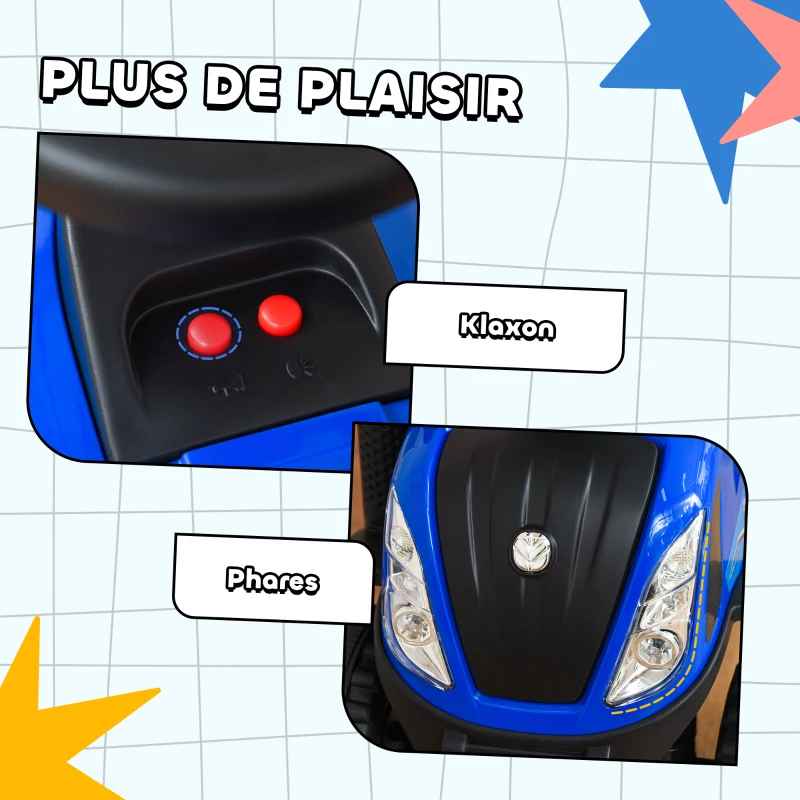 HOMCOM Porteur tracteur enfants avec coffre amovible, râteau et pelle, voiture enfants avec lumière LED et klaxon, bleu