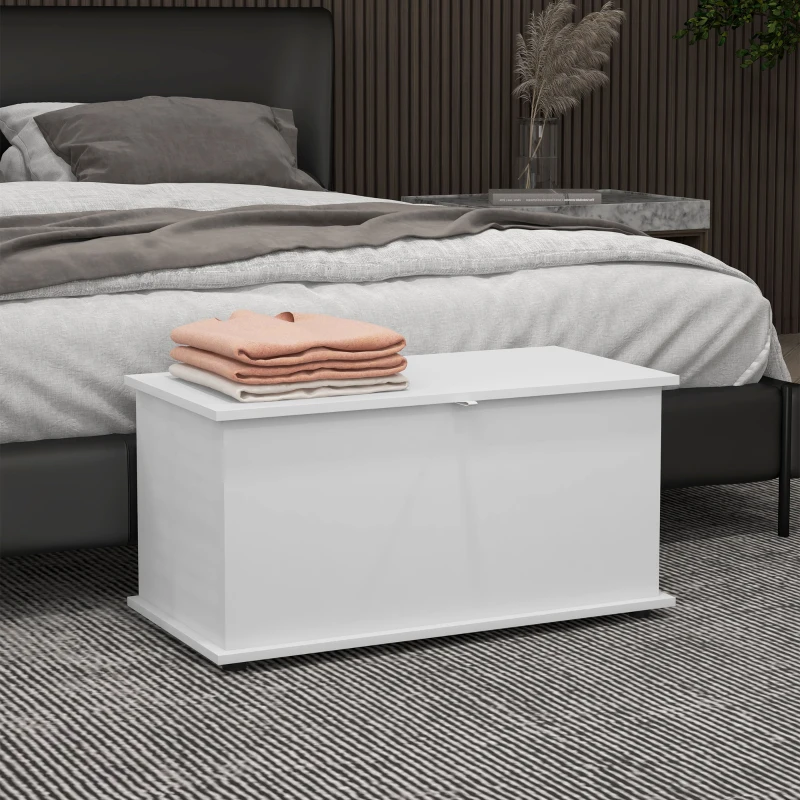 HOMCOM Coffre de rangement, banc de rangement avec couvercle rabattable et charnières de sécurité, 80 x 40 x 40 cm, blanc