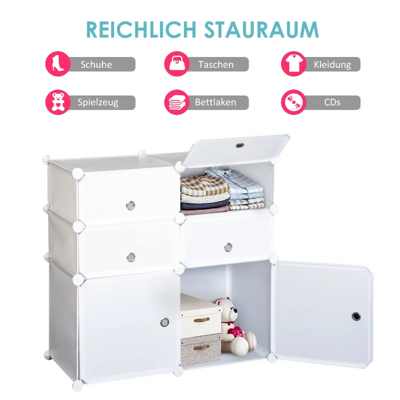 HOMCOM Schuhschrank, Regal mit Aufbewahrungsboxen, Kleiderschrank, Kunststoff, Stahl, Weiß, 75 x 37 x 73 cm