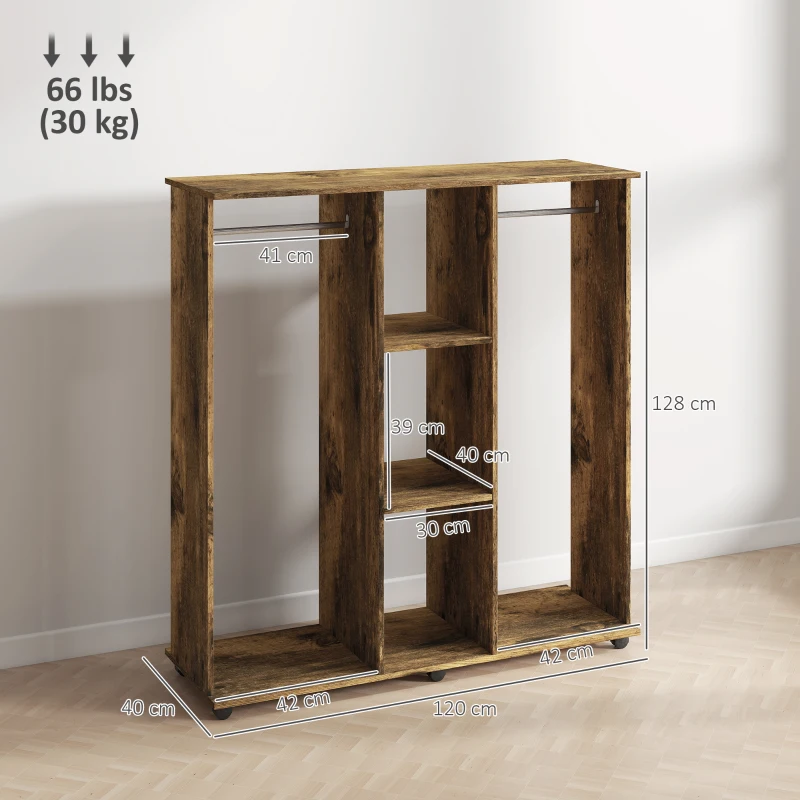 HOMCOM Armario pendería mueble de almacenaje móvil 6 ruedas 120 x 40 x 128 cm en madera marrón
