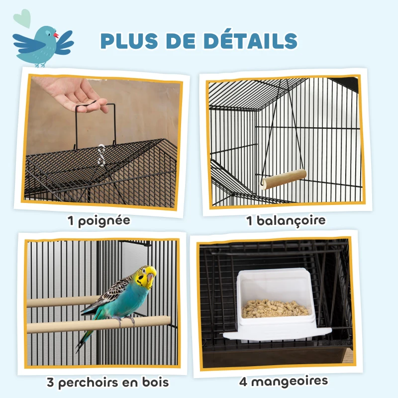 PawHut Cage à oiseaux sur pied, volière sur roulettes avec balançoire, support, design maison, 50,5 x 41 x 163 cm en acier noir