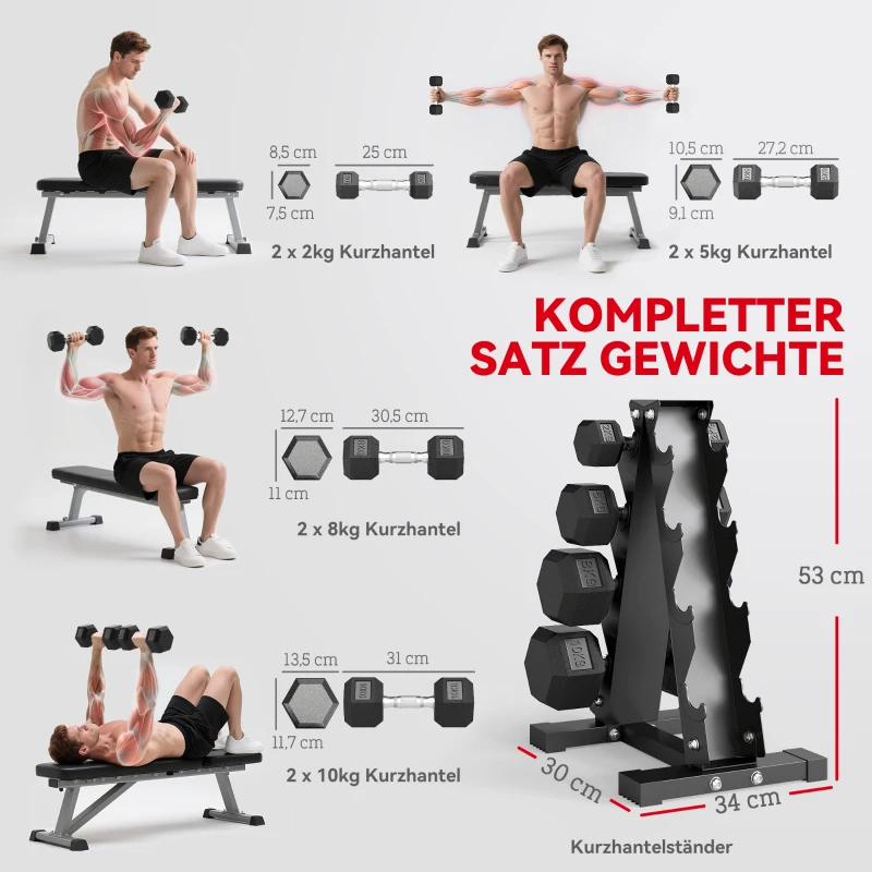 SPORTNOW Hantelset, 8er Set Hanteln mit Gewichten, Kurzhantelset aus Metall, 2kg, 5kg, 8kg, 10kg für Männer und Frauen