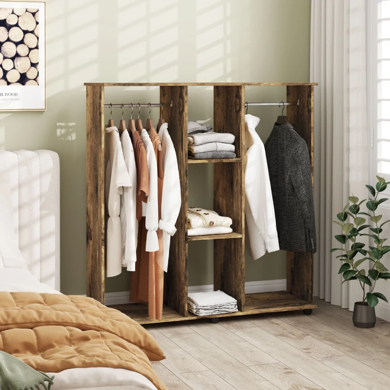 HOMCOM Armoire penderie meuble de rangement mobile 6 roulettes 120 x 40 x 128 cm en bois marron
