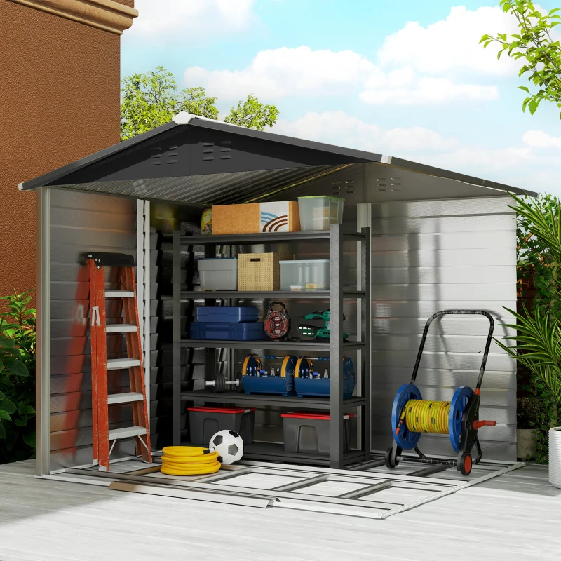 Outsunny Cobertizo de Jardín Exterior 4,4 m² 240x206x198 cm con Base Puerta Corredera y Cerradura Armario para Jardín Teca