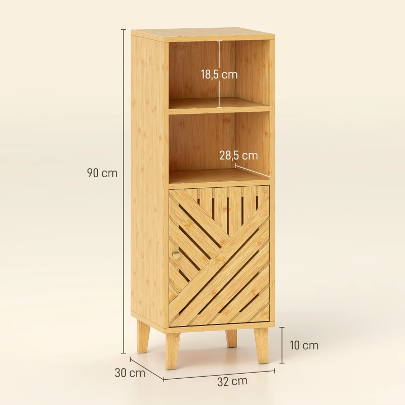 HOMCOM Meuble de salle de bain, meuble de rangement avec 1 placard, 2 compartiment ouvert, 32 x 30 x 90 cm, effet bois naturel