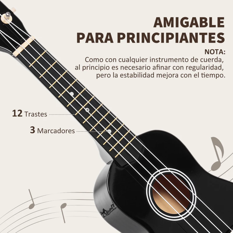 HOMCOM Ukelele Soprano para Principiantes con 4 Cuerdas de Nylon Ajustables Juguete educativo 53x17,5x6,2cm Negro