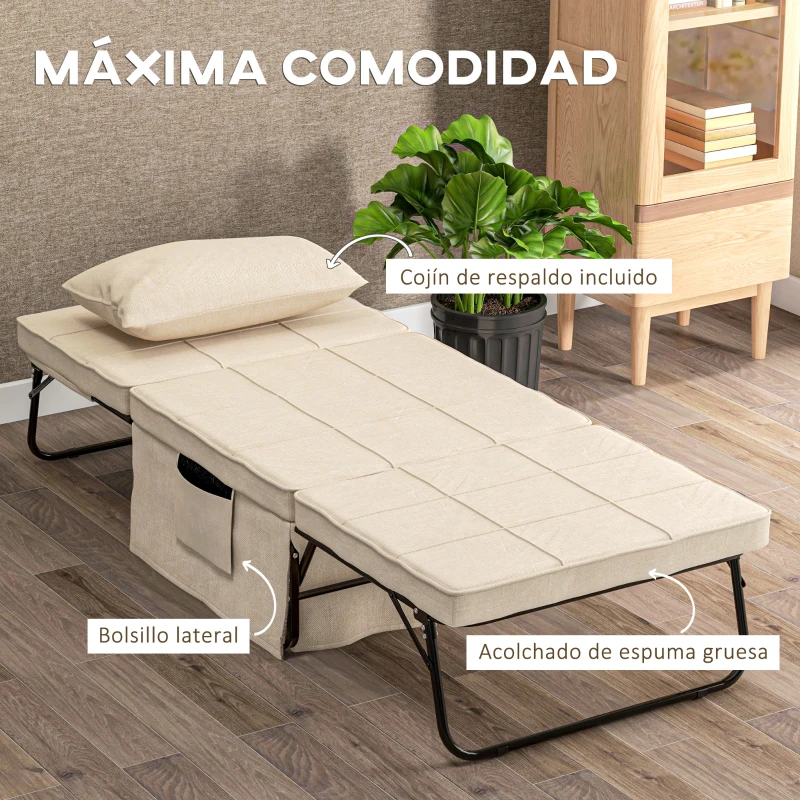 HOMCOM Sillón Cama Tapizado en Lino con Respaldo Ajustable de 5 Niveles Almohada Acolchada 75x80x74 cm Crema